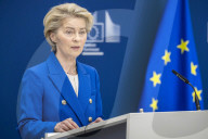 EU Announces Defense Package press conference at the European Commission headquarters in Brussels, Belgium.