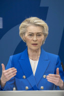 EU Announces Defense Package press conference at the European Commission headquarters in Brussels, Belgium.