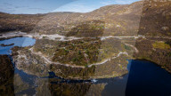 Drone View Of Traditional Sod Roof Houses In Norway