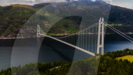 Aerial view of Hardanger Bridge spanning Sørfjorden, Norway