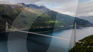 Aerial view of Hardanger Bridge spanning Sørfjorden, Norway