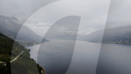 Aerial view of Hardanger Bridge spanning Sørfjorden, Norway