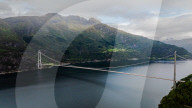Aerial view of Hardanger Bridge spanning Sørfjorden, Norway