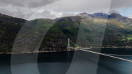 Aerial view of Hardanger Bridge spanning Sørfjorden, Norway