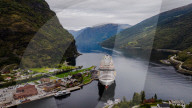  Aerial View of a Cruise Ship Docked in Flåm, Norway