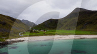 Aerial view of Skagsanden Beach and surrounding mountains in Leknes, Lofoten, Norway