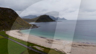 erial view of Haukland Beach with white sand and turquoise water in Leknes, Lofoten, Norway