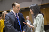EU foreign ministers discuss relations with the U.S. at Brussels meeting in Belgium.