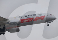 Etihad Boeing 787 Abu Dhabi Grand Prix 2025 livery taking off from Barcelona