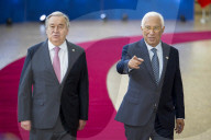 Antonio Costa and Antonio Guterres address media at EU summit in Brussels