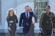 Secretary Of Defense Pete Hegseth Heads To A TV Interview After Announcing The F-47 Fighter Jet Program.