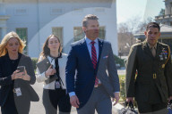 Secretary Of Defense Pete Hegseth Heads To A TV Interview After Announcing The F-47 Fighter Jet Program.
