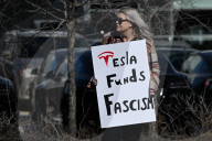Protest Against Elon Musk At Edmonton Tesla Dealership
