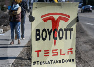 Protest Against Elon Musk At Edmonton Tesla Dealership