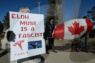 Protest Against Elon Musk At Edmonton Tesla Dealership