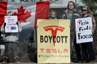 Protest Against Elon Musk At Edmonton Tesla Dealership