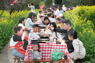 Tourists Eat Hot Pot Among Blooming Rapeseed Flowers in Nanjing