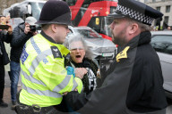 Welfare campaigners gather in Whitehall, London, UK.