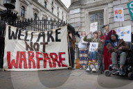 Welfare campaigners gather in Whitehall, London, UK.