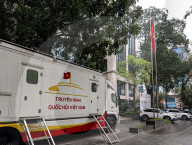 National Assembly Television Truck Outside Government Building In Hanoi