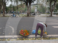 Street Vendor Organizes Fruit Display Near Pedestrian Crossing In Hanoi
