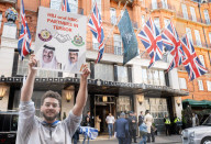 Stop The Hate, Our Fight and Iron Initiative & other pro Israel campaign groups join forces to protest outside Claridge’s Hotel in Mayfair, London, UK.