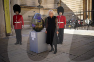 Queen Camilla with the Green Man Humpty Dumpty Egg in London, UK.
