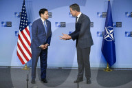 US Secretary of State and NATO Chief Deliver Joint Statement in Brussels, Belgium.