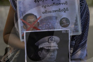 Protesters Gather Against Myanmar's Junta Chief Min Aung Hlaing In Bangkok.
