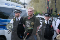 Supporters Of Pro-Palestine Group 'Youth Demand' Are Arrested At Vauxhall Bridge, London On 12 April 2025