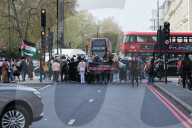 Supporters Of Pro-Palestine Group 'Youth Demand' Are Arrested At Vauxhall Bridge, London On 12 April 2025