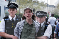 Supporters Of Pro-Palestine Group 'Youth Demand' Are Arrested At Vauxhall Bridge, London On 12 April 2025