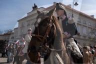 Poles Danced The Polish National Dance Polonaise On Krakowskie Przedmiescie In Warsaw, Poland, On April 12, 2025