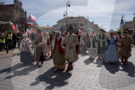 Poles Danced The Polish National Dance Polonaise On Krakowskie Przedmiescie In Warsaw, Poland, On April 12, 2025