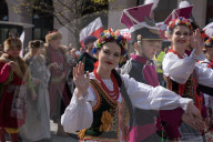 Poles Danced The Polish National Dance Polonaise On Krakowskie Przedmiescie In Warsaw, Poland, On April 12, 2025