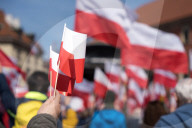 Poles Danced The Polish National Dance Polonaise On Krakowskie Przedmiescie In Warsaw, Poland, On April 12, 2025