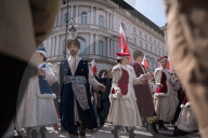 Poles Danced The Polish National Dance Polonaise On Krakowskie Przedmiescie In Warsaw, Poland, On April 12, 2025