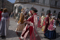 Poles Danced The Polish National Dance Polonaise On Krakowskie Przedmiescie In Warsaw, Poland, On April 12, 2025