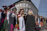 Poles Danced The Polish National Dance Polonaise On Krakowskie Przedmiescie In Warsaw, Poland, On April 12, 2025