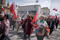 Poles Danced The Polish National Dance Polonaise On Krakowskie Przedmiescie In Warsaw, Poland, On April 12, 2025