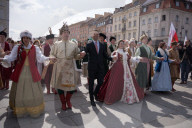 Poles Danced The Polish National Dance Polonaise On Krakowskie Przedmiescie In Warsaw, Poland, On April 12, 2025