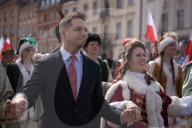 Poles Danced The Polish National Dance Polonaise On Krakowskie Przedmiescie In Warsaw, Poland, On April 12, 2025