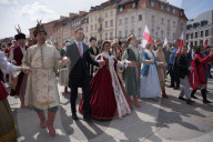 Poles Danced The Polish National Dance Polonaise On Krakowskie Przedmiescie In Warsaw, Poland, On April 12, 2025