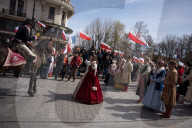 Poles Danced The Polish National Dance Polonaise On Krakowskie Przedmiescie In Warsaw, Poland, On April 12, 2025