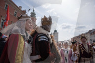 Poles Danced The Polish National Dance Polonaise On Krakowskie Przedmiescie In Warsaw, Poland, On April 12, 2025