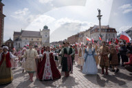 Poles Danced The Polish National Dance Polonaise On Krakowskie Przedmiescie In Warsaw, Poland, On April 12, 2025