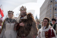 Poles Danced The Polish National Dance Polonaise On Krakowskie Przedmiescie In Warsaw, Poland, On April 12, 2025