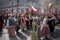 Poles Danced The Polish National Dance Polonaise On Krakowskie Przedmiescie In Warsaw, Poland, On April 12, 2025