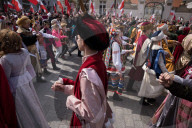 Poles Danced The Polish National Dance Polonaise On Krakowskie Przedmiescie In Warsaw, Poland, On April 12, 2025