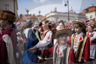 Poles Danced The Polish National Dance Polonaise On Krakowskie Przedmiescie In Warsaw, Poland, On April 12, 2025